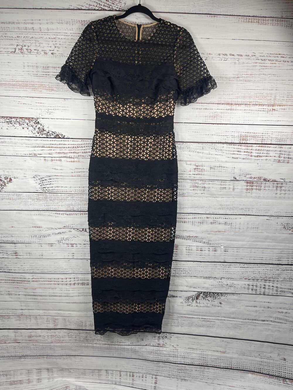 Belle Badgley Mischka Dress Women's 2 Black Gabrielle Gown Lace Midi Formal New